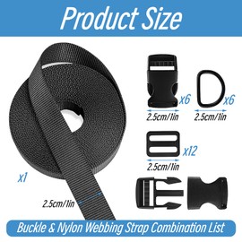 RFYTDCF 5.4 m webbing 25 mm, nylon webbing with buckles, fasteners, click closure, adjustable buckle for crafts, backpack, bag, suitcase strap, black