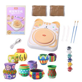 Mini Pottery Wheel for Kids, USB Rechargeable, Cat Design, Ceramic Clay Tool Set with Apron and 6 Colors