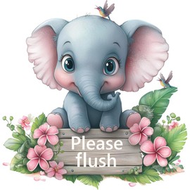 Cute Elephant Bathroom Bird Toilet Sticker, Cover Marks Non Transparent Waterproof Please Flush Wall Art Decal Kids and Childrens Vibrant Loo Seat Sign with Birds