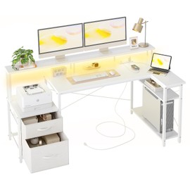 TIQLAB Computer Desk L Shaped with Drawers, 65” Gaming Desk with Power Outlets and LED Strips, Large L Shaped Corner Desk with Monitor Stand, Home Office Desk for Corner Space, White