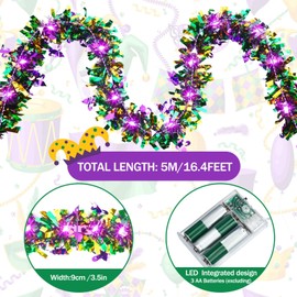 Kingdder 16.4 ft Mardi Gras Garland with Lights Tinsel Decorations Prelit Metallic 50 LED Hanging Decor Mardi Gras Tree Purple Green Gold Foil Sparkling Glitter Garland for Carnival Party Decor