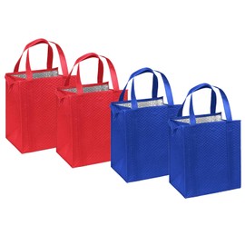 Large Insulated Shopping Bag, 4 Pack - Strong Reusable Insulated Grocery Bag (Red and Royal)