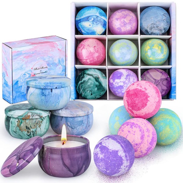 Bath Bombs Gift Set for Women, 5 Color Large Bubble Bathbombs Essential Oil with 4pcs Scented Candles, Fizzy Spa for Moisturizing Skin, Idea Valentine's, Birthday Gifts for Wife Mother Friends Kids