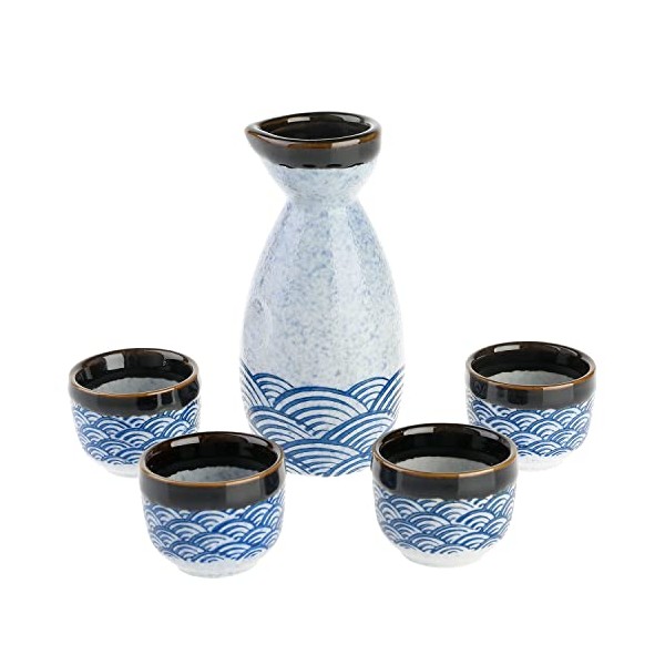 MyGift Japanese Glazed Ceramic Sake Set with Oriental Style Blue Ocean Waves Design Includes Serving Carafe and 4 Sake Cups