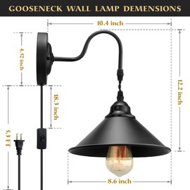 Plug in Wall Sconces, Vintage Plug in Wall Lamp Set of 2 with On/Off Switch, Metal Black Industrial Wall Mounted Light Fixture for Bedside Bedroom Indoor Doorway (Gooseneck Wall Lamp)