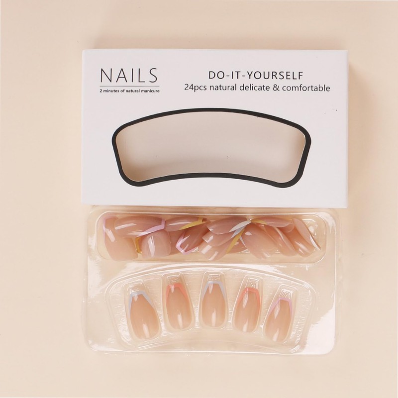 24PCS Medium Nude Press-On Nails with Colorful Stripes, False Nails,