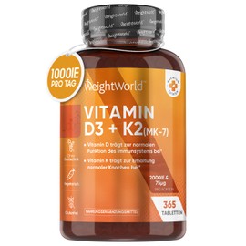 Vitamin D3 K2 2000 IU - 400 tablets with 75mcg Vit K2 All-Trans MK-7 - 1 tablet every 2 days - natural ingredients and vitamin D3 2000 IU from a vegan source (lichen). WeightWork ld