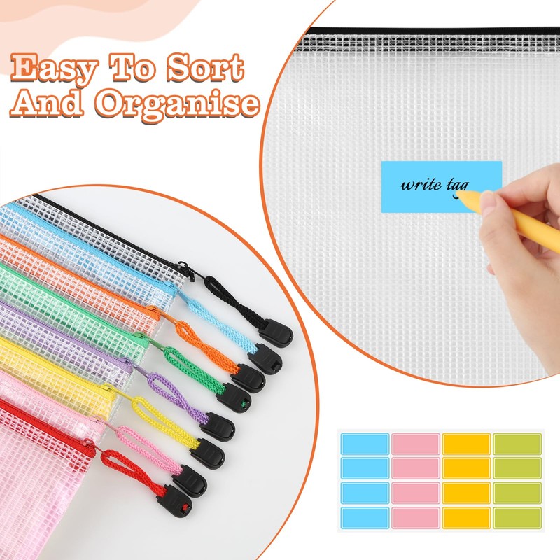 Pack of 16 A6 Coloured Net Document Bags, PVC Plastic