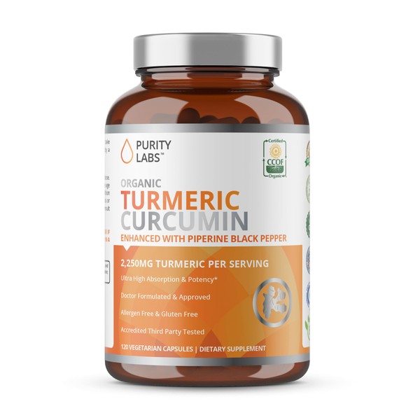 Organic Turmeric Curcumin with Black Pepper Bioperine 2,250 MG/Serving, 95% curcuminoids - Antioxidant Joint Supplement, Muscle & Brain Support - Turmeric Supplement, Non-GMO, Vegetarian, 120 Capsules