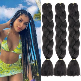 Xtrend 3 Packs 24 Inch Natural Black Jumbo Braiding Hair for Twist Box Braid Hair Kanekalon Braiding Hair High Temperature Synthetic Braiding Hair for Women (3 Packs, 1B#)