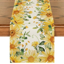 Artoid Mode Eucalyptus Sunflower Floral Summer Table Runner, Yellow Seasonal Spring Kitchen Dining Table Decoration for Home Party Decor 13x72 Inch