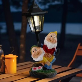 Solar Powered Gnome Couple Garden Lantern Vintage Street Light Colorful Resin Dwarf Statue Hand-painted MODEL Red Yellow BlueColor: As picture, Size: One Size