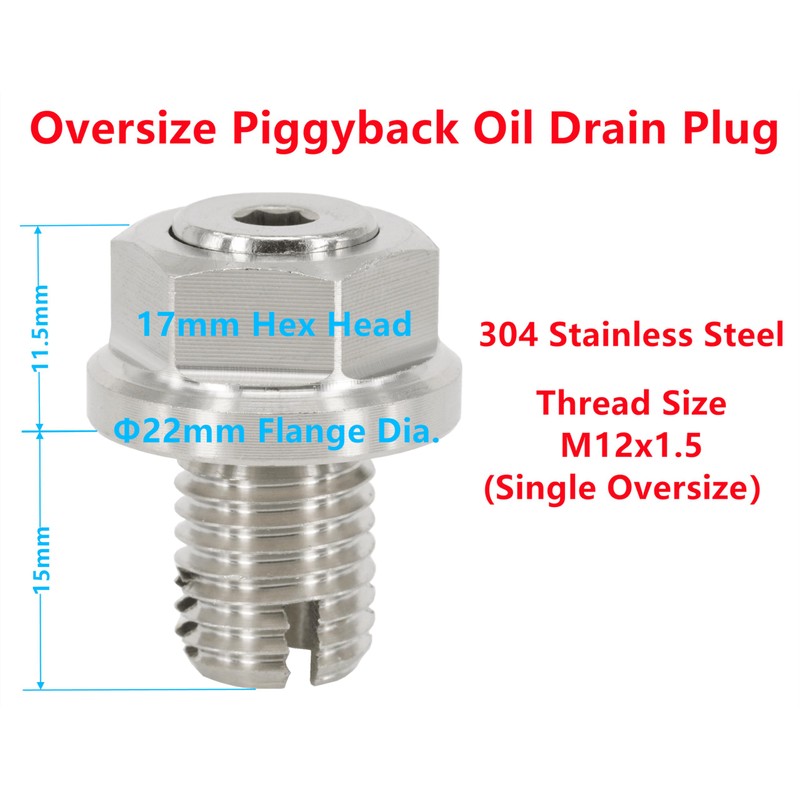 Dsnaduo M12.1-1.5 x 15mm Oversize Piggyback Oil Drain Plug, Stainless