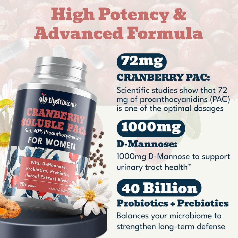 Elystrixionis 72mg PAC, Cranberry Pills for Women - Organic Cranberry