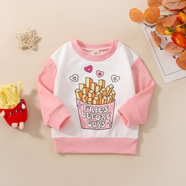 Kayotuas Toddler Baby Crewneck Sweatshirt Cute Letter Print Long Sleeve Shirts Pullover Tops Valentines Day Outfit Spring Clothes (Pink Fries Before Guys,3-4T)