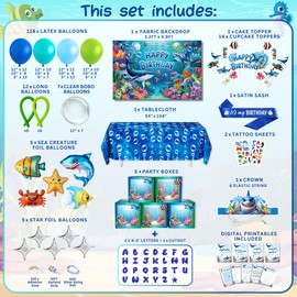 RainMeadow 179 PCS Under the Sea Party Decorations C Ocean Themed Birthday Supplies with Balloon Arch Kit, Backdrop, Sea Creatures, Cake Toppers & Tablecloth C Underwater Party Decor for Kids