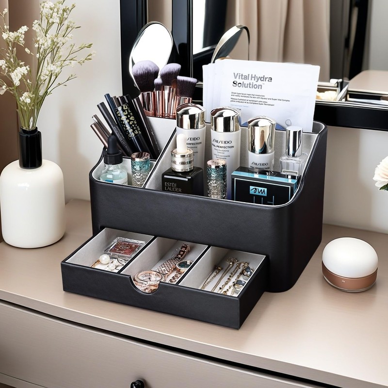 KINGFOM Leather Makeup Organizer with Drawer, Cosmetic Storage for Dresser
