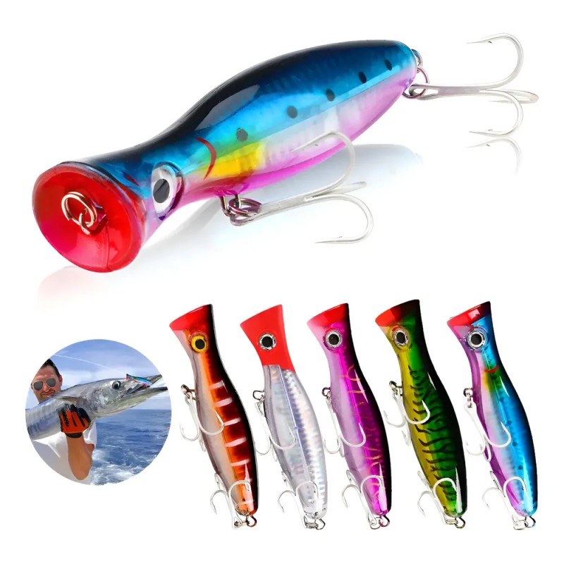 5 Señuelos Popper De 43g Kit Pesca Superficial Mar Playa