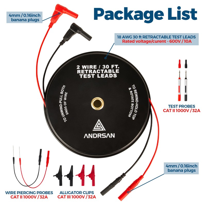 2 Wire 30 ft Retractable Test Leads with 4 mm