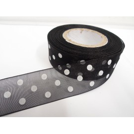 2 metres x 25mm Polka dot Sheer Organza Ribbon Black with White Spots dots 25 mm 2.5cm