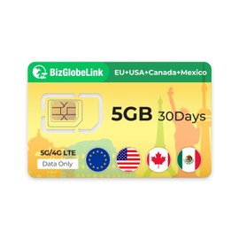 EIOTCLUB Prepaid SIM für Reisen, BizGlobeLink SIM-Karte Internationale Nutzung in USA, Kanada und Mexiko, nur Daten, 5G/4G LTE, ohne Vertrag, nachfüllbar, für Handys, WLAN-Router & Tablets