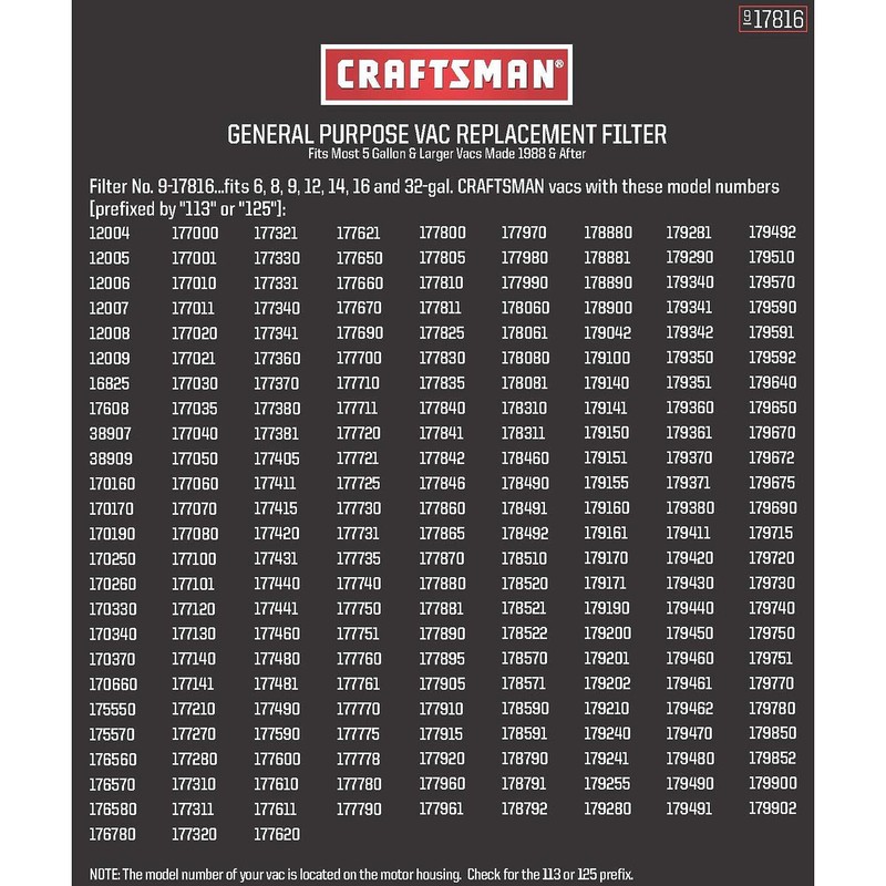 Craftsman 9-17816 Filter Fits All Current Craftsman Vacuums 5 Gallons