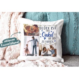 PR Print Royal Cushion with Cushion Filling with Photo Collage to Design Yourself with Three Photos and Saying "Glück ist, einen Onkel wie Dich zu haben, Colour Cushion Back, Sea Green, 40 x 40 cm