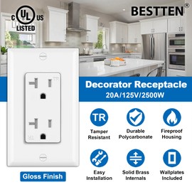BESTTEN 20 Amp Decorator Receptacle Outlet, 50 Pack Tamper-Resistant (TR) Wall Electrical Outlet with Wallplate, 20A/125V/2500W, UL Listed, White