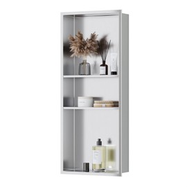 Qeke Stainless Steel Shower Niche 12" X 30", No Tile Needed Wall Niche Three-Tier Shower Niche, Recessed Shower Shelf for Bathroom Storage, Brushed Nickel