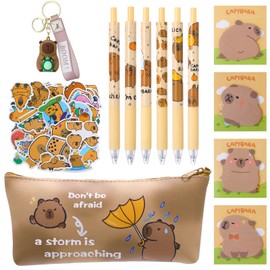 Candcamp 62 PCS Capybara Stationery Set with Cute Capybara Pencil Case, Sticky Notes, Gel pen, Stickers and Keyring for Children School Office Stationery Supply