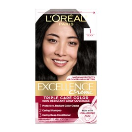 L'Oreal Paris Excellence Crème Permanent Hair Dye, Triple Care Hair Color with Pro-Keratine Complex for 100% Gray Hair Coverage, 1 Black, 1 Kit