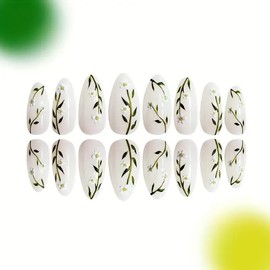 24Pcs Medium Press on Nails Almond Fake Nails French Tip with White Green Flower Design Acrylic Nails Thick Glossy Full Cover Glue on Nails Stick on Nails for Women DK-25063