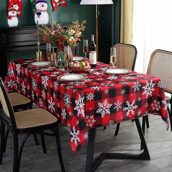 Christmas Tablecloth Rectangle, Plaid Table Cloth with Snowflake Decorations, Heavy