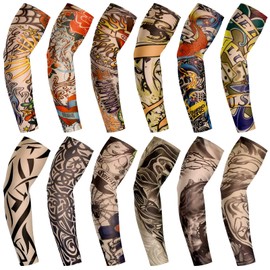 Geyoga 12 Pieces Tattoo Sleeves Set Fake Arm Sleeves Cover Realistic Soft Elasticity Arm Protection for Men Women Working (Plus Size)