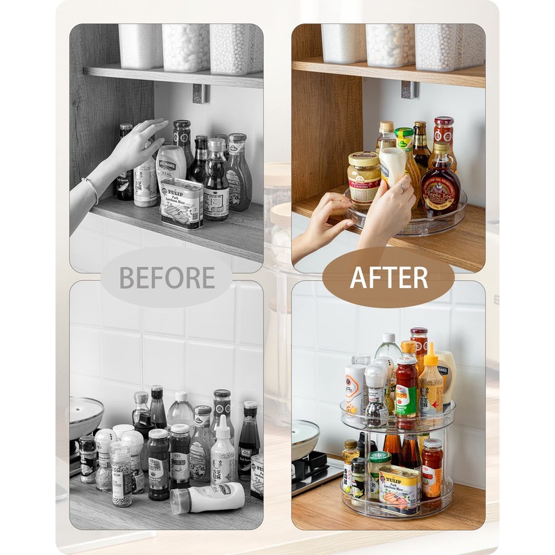 Roninkier 2-Tier Clear Lazy-Susan Turntable – 11-Inch Pantry Spice-Rack Cabinet-Organizer