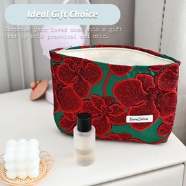 Red Floral Makeup Bag,Cosmetic Bag for Women, Large Capacity Toiletry Bag,Zipper Pouch, Travel Accessories Storage with Lining