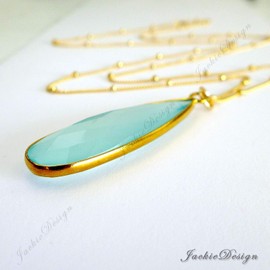 Aqua Chalcedony Tear Drop Pendant Gold Filled Chain 24 inch Necklace JP11