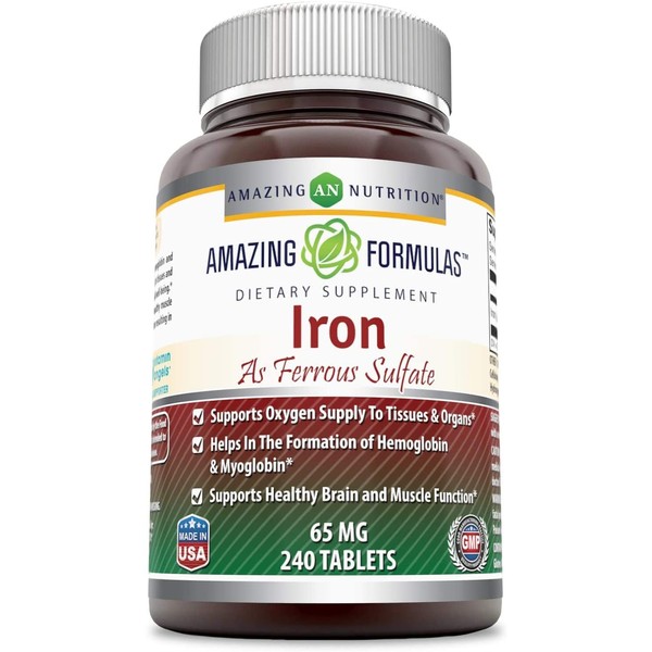 Amazing Formulas Ferrous Sulfate 65 Mg 120 Tablets -Iron As Ferrous Sulfate for Better Absorption- Supports Oxygen Supply to Tissues and Organs-Supports Healthy Brain and Muscle Function