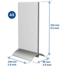 EUROPEL Sign Holder (T-Standard, A5 Size, Portrait) – Clear Acrylic Construction – Double Sided Menu & Leaflet Display Holder for Restaurants & Reception – Free-standing Design with Aluminium Base