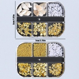 Summer Shell Nail Art Charms, Gold Beach Ocean Rivets Nail Jewellery, Ocean Theme Nail Stones for Women, Acrylic Nail Ocean (Gold + White B)