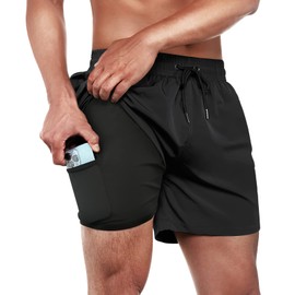 BRISIRA Mens Swim Trunks Swim Shorts Quick Dry 5 inch Inseam Beach Shorts with Compression Liner and Zipper Pocket Black