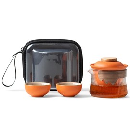 fanquare Ceramic Tea Pot Set for 2 Porcelain Kung Fu Tea Set with Mini Teacups Tea Infuser Portable Handbag for Travel Tea Pot with Wooden Protection Layer, Orange