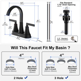 Matte Black Bathroom Sink Faucet, Hurran 4 inch Bathroom Faucets for Sink 3 Hole with Pop-up Drain and Supply Lines, Stainless Steel 360 Swivel Waterfall Faucet for Vanity RV Restroom
