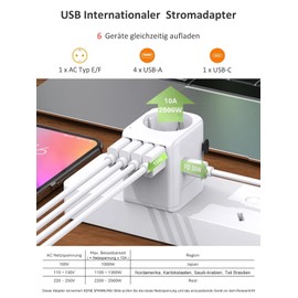 Schuko Travel Adaptor 3-Pin Universal Travel Plug 4 x USB A, 1 x USB C 30 W and 1 x AC Schuko Socket, International Socket Adapter, Universal Adaptor Germany to USA, England, Australia, China