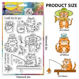 CHGCRAFT Funny Cat Fishing Clear Stamp Cute Cat Bucket Transparent Craft Stamp for DIY Scrapbooking Photo Album Decorative, 6.3 x 4.3 Inches