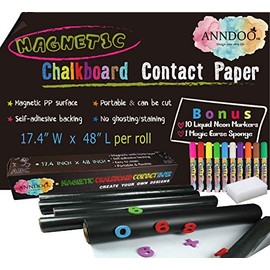 Magnetic Chalkboard Contact Paper 48x17.4 Inch Self Adhesive Magnet Wallpaper with 10 Neon Liquid Markers, Non-porous Magnetic Boards for Alphabet Learning, Toddlers Kids Writing Board, Playroom Decor