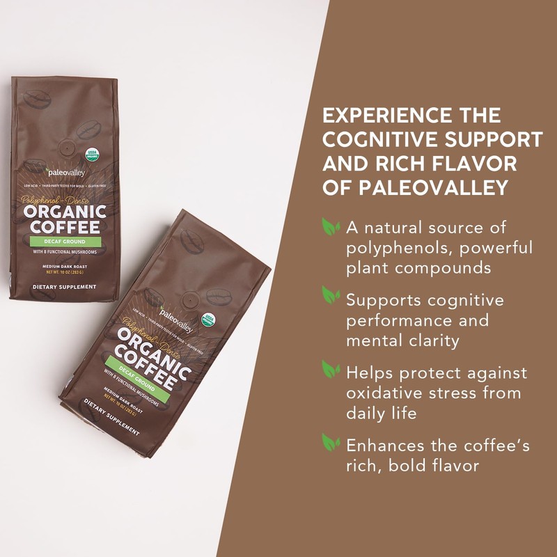 Paleovalley Organic Ground Coffee, 10oz - Decaf, Low Acid, Single-Origin,