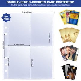 Pockets Trading Card Sleeves 50 Pack 400 Pockets 6 Ring A5 Binder Photocard Sleeves Double-Sided 4 Pocket Page Protector 2.5x3.5 Inch Ultra-Clear for Game Cards, Photos, Postcards