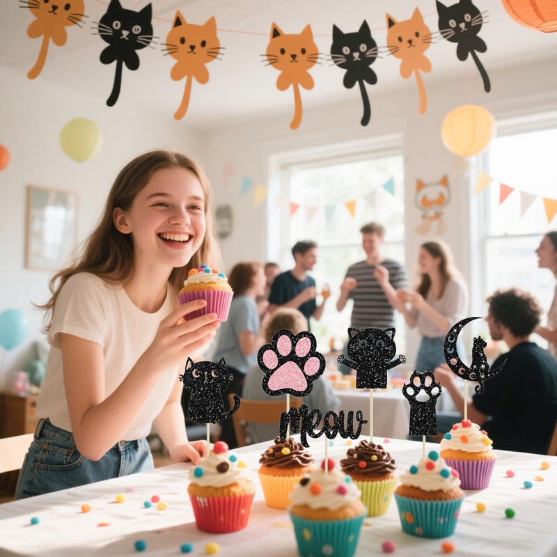 12 Pcs Cat Cupcake Topper, Black Glitter Cat Meow Cupcake