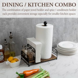 MyGift Matte Black Metal Wire Scrollwork Paper Towel Roll Holder Combo Caddy with Rustic Burnt Solid Wood Base, Napkin Holder, and Spice Rack